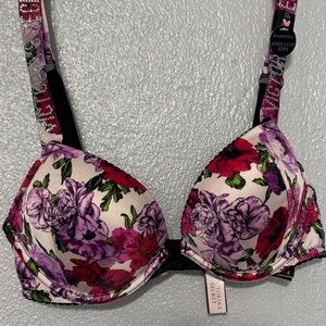 Victoria’s Secret Bombshell Add 2 Cups Bra Floral Satin Rhinestone Strap 32B